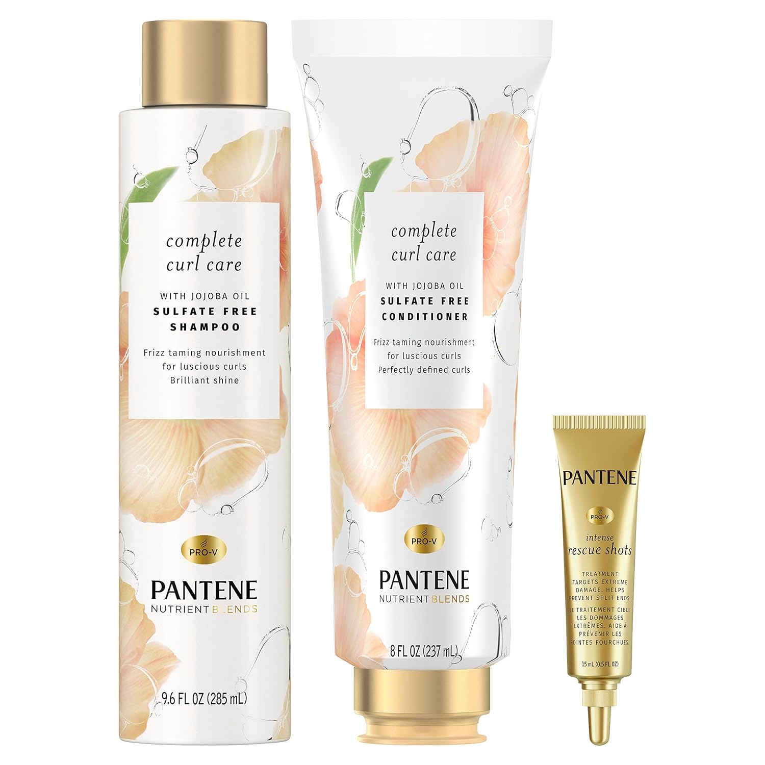 Pantene Sulfate Free Shampoo And Conditioner Plus Hair Mask Rescue Shot Treatment, With Jojoba Oil For Curly Hair, Nutrient Blends Complete Curl Care