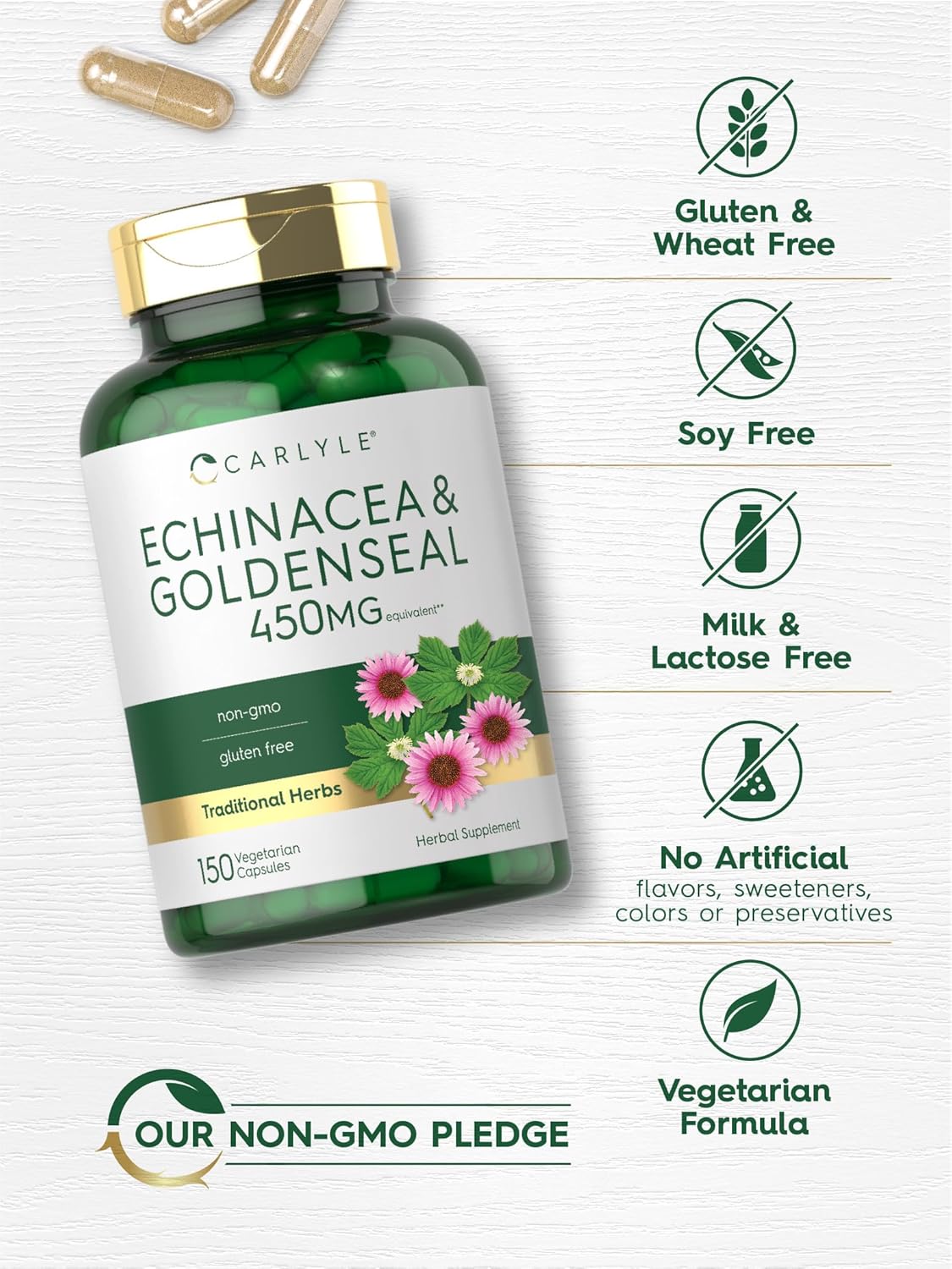 Carlyle Echinacea Goldenseal Capsules | 150 Count | Vegetarian, Non-GMO, Gluten Free : Health & Household