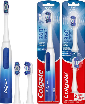 Colgate 360 Floss Tip Sonic Powered Battery Toothbrush, 2 Pack With Floss Tip Refill Heads