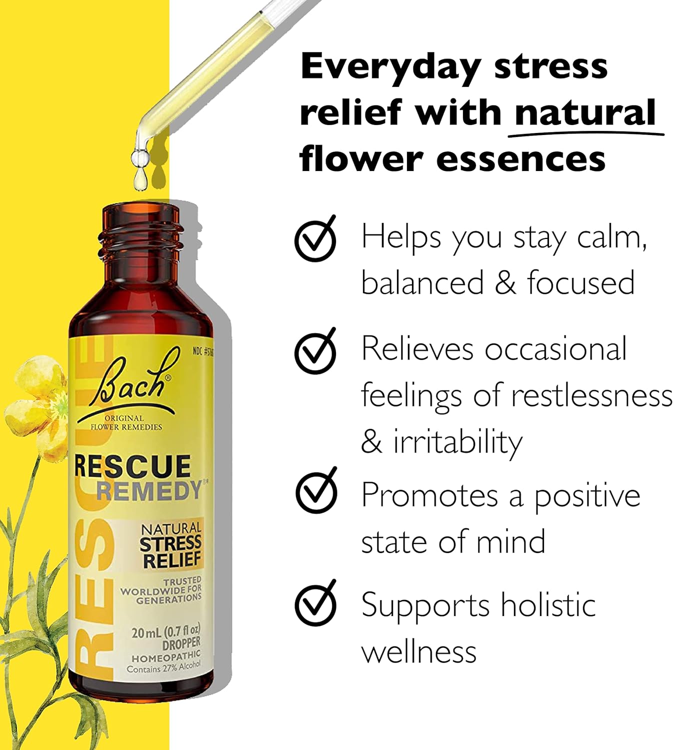 Bach RESCUE REMEDY Dropper 20mL, Natural Stress Relief, Homeopathic Flower Essence, Vegan, Gluten & Sugar-Free, Non-Habit Forming : Health & Household
