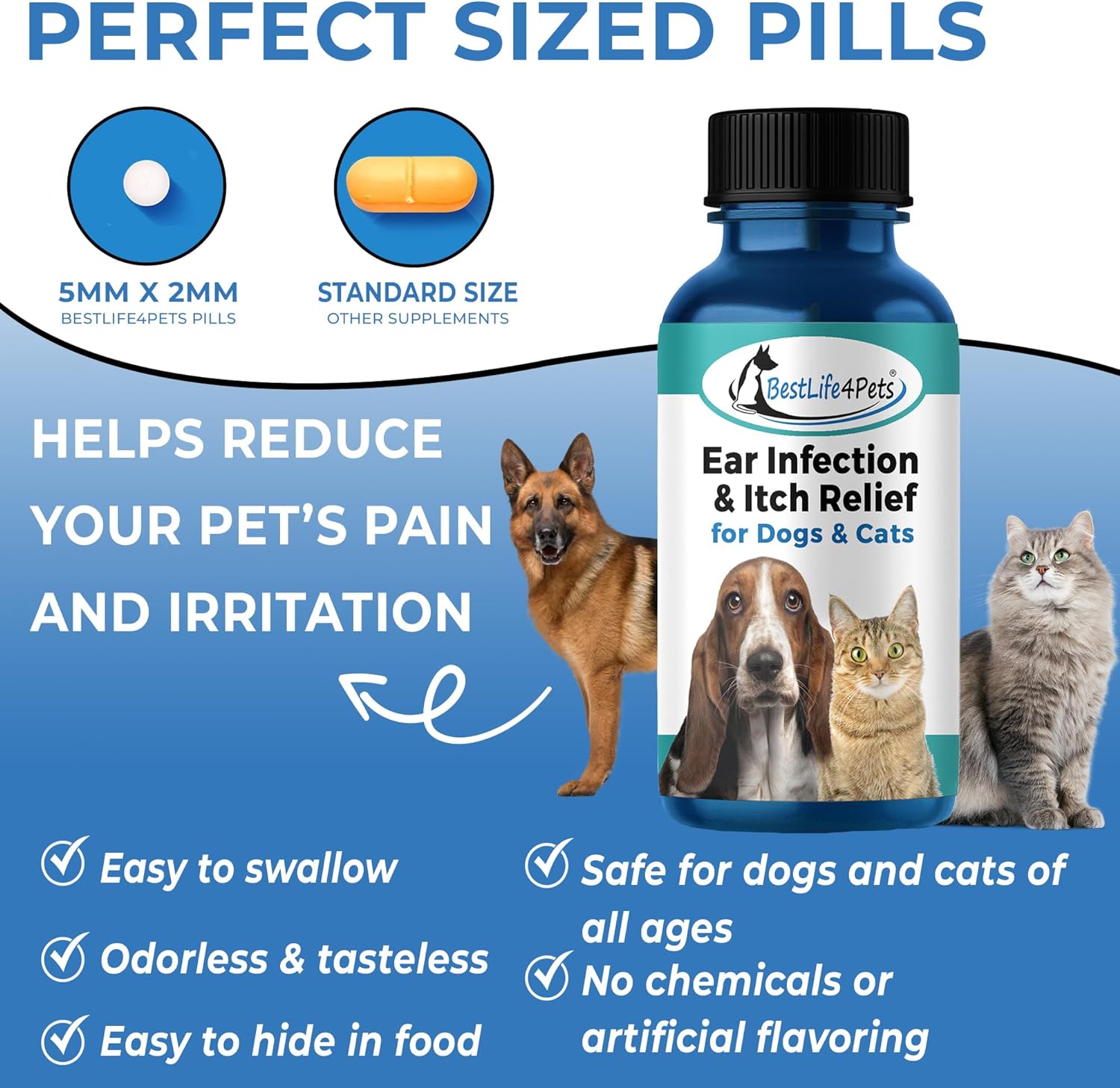 BestLife4Pets Ear Infection Relief for Dogs and Cats - Dog Ear Infection Treatment Supplement; Cat Supplements for Ear Itching, Swelling, Otitis, Pain & Inflammation - Easy to Use Pills