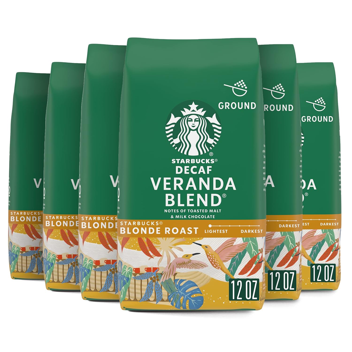 Starbucks Ground Coffee, Starbucks Blonde Roast Coffee, Decaf Veranda Blend, 100% Arabica, 6 Bags (12 Oz Each)