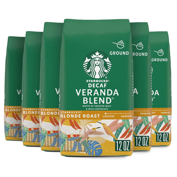 Starbucks Ground Coffee, Starbucks Blonde Roast Coffee, Decaf Veranda Blend, 100% Arabica, 6 Bags (12 Oz Each)