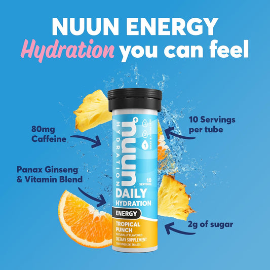 Nuun Energy: Caffeine, B Vitamins, Ginseng, Electrolyte Drink Tablets, Tropical Punch, 10 Count (Pack Of 8)