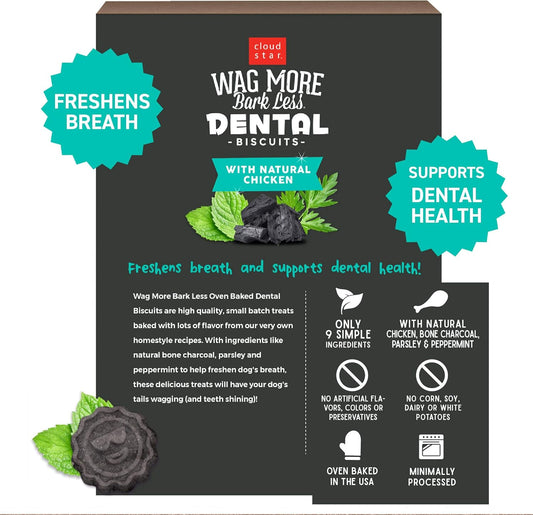 Cloud Star Wag More Bark Less Crunchy Dental Dog Treats, Chicken, Bone Charcoal, Parsley & Mint, 14 Oz. Box