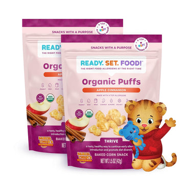 Ready Set Food Organic Puffs – Early Allergen Introduction Snack Puffs W/ 9 Top Allergens: Organic Peanuts, Cashew, Egg & More, No Added Sugar, Babies 8+ Months (Daniel Tiger Apple Cinnamon, 2 Pack)