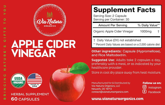 Apple Cider Vinegar Capsules 1000Mg | Organic Herbal Supplement | 60 Capsules