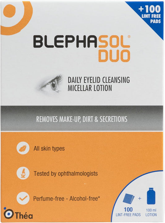 2 x Blephasol Duo 100 ml Micellar Eyelid Cleansing Lotion with 100 Lint-Free Pads | Effective and Gentle Cleansing for Make-Up Removal, Inflamed and Sensitive Eyelids | Soap & Alcohol-Free