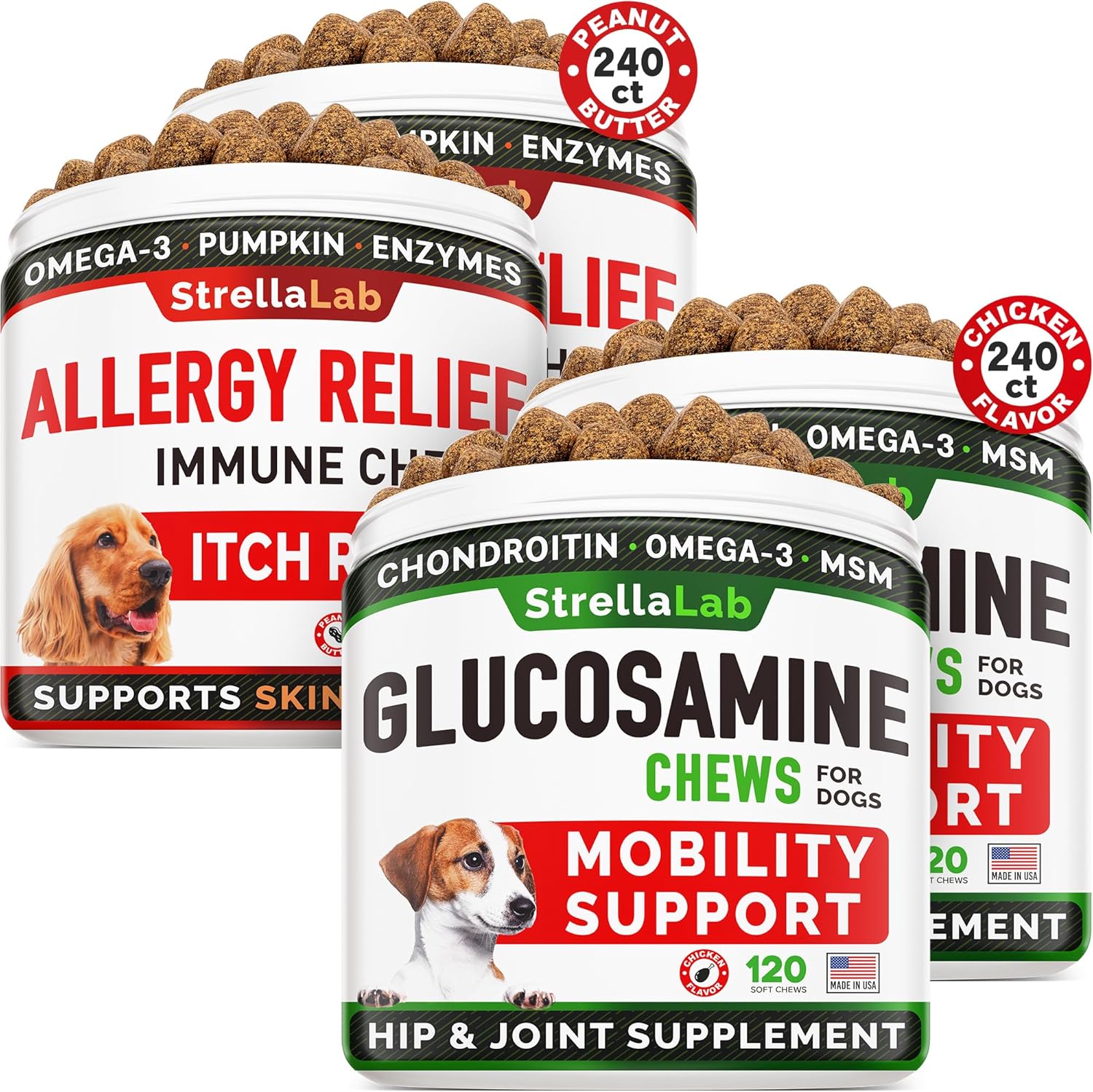 Allergy Relief 240 Ct + Glucosamine For Large Dogs - 240 Ct Bundle - Allergy & Itch Relief Skin & Coat Supplement - Omega 3 & Pumpkin + Chondroitin, Msm - Joint Pain Relief - Hip & Joint Care - Made I