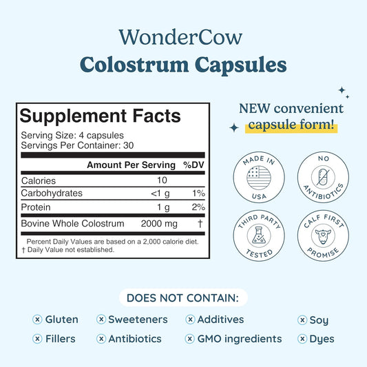 WONDERCOW Colostrum Capsules Supplement for Gut Health, Immune Support, Muscle Recovery & Wellness | Natural IgG Pure Whole Bovine Colostrum Superfood, Unflavored, 30 Servings