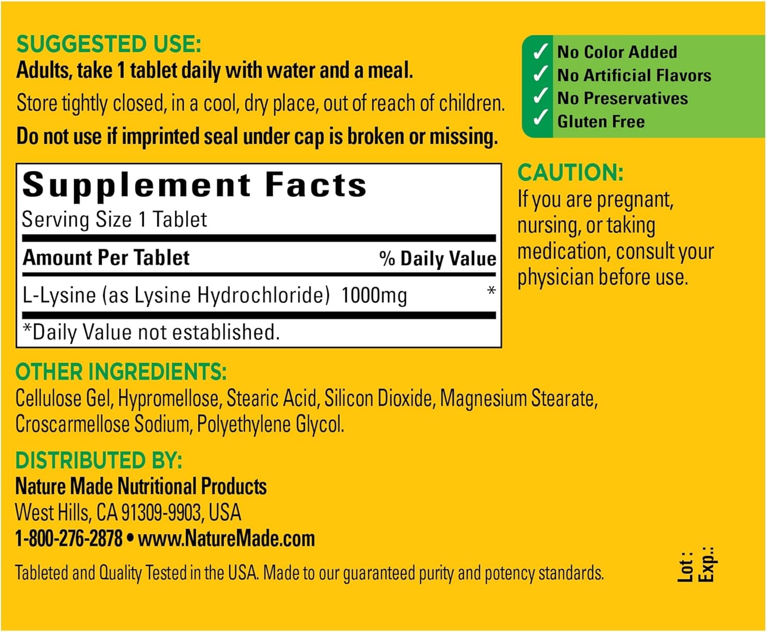 Nature Made Extra Strength L-Lysine 1000 mg Tablets, 60 Count for Protein Synthesis : Health & Household
