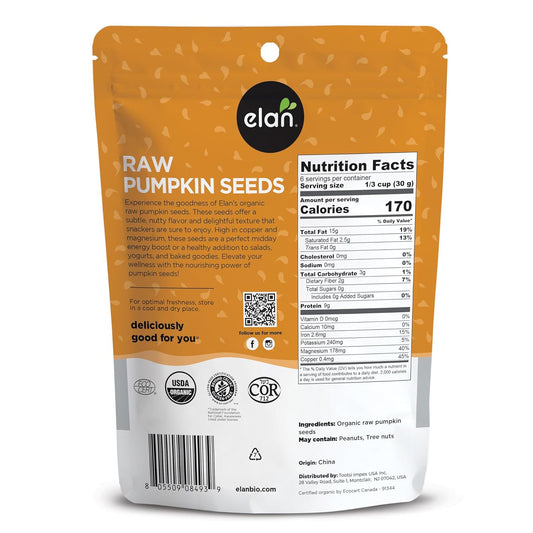 Elan Organic Pumpkin Seeds, 6.5 Oz, Unsalted, Unroasted Shelled Kernels, No Shell, Non-Gmo, Vegan, Gluten-Free, Kosher, Nutritious Seeds