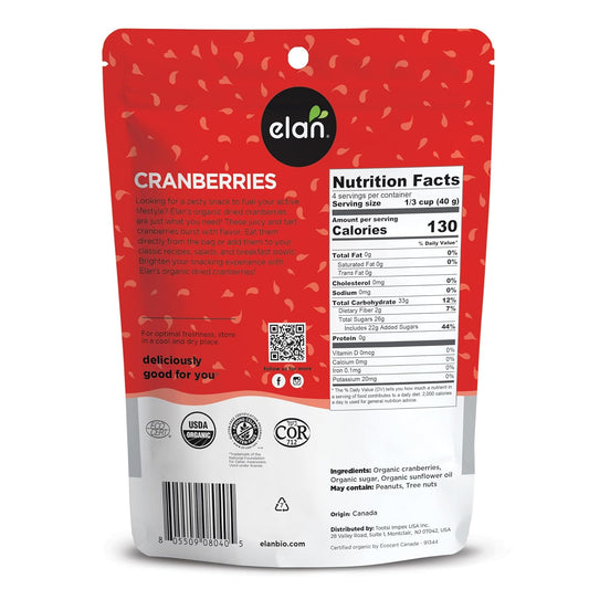 Elan Organic Dried Cranberries, 6.2 Oz, Whole Dried Cranberries, No Sulphites, No Fat, Non-Gmo, Vegan, Gluten-Free, Kosher, Dried Fruits, Healthy Snacks