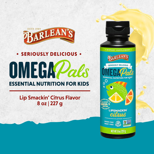 Barlean's Omega Pals Lipsmackin' Citrus Flavored Omega-3 for Kids, Yummy Children's Liquid Fish Oil Supplement with 750 mg of EPA & DHA for Brain & Eye Health, 8 oz