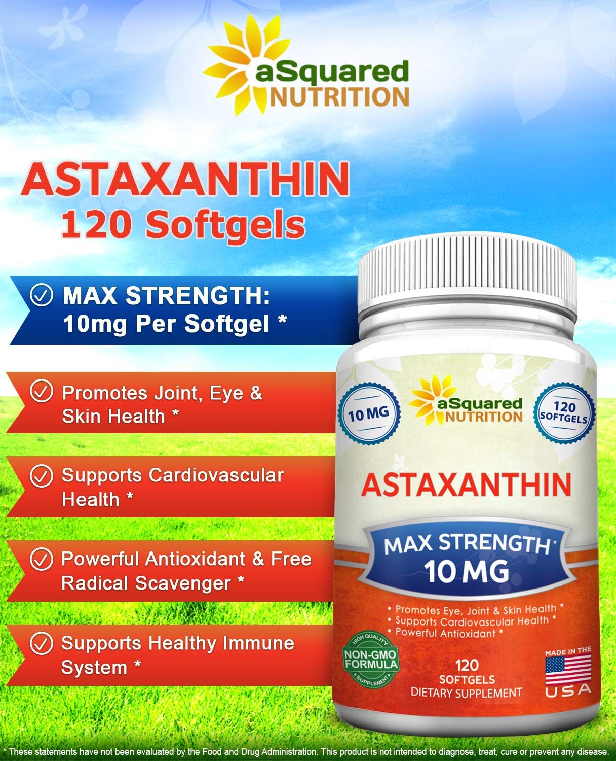 Asquared Nutrition Astaxanthin Supplement - Natural Astaxanthin Pills From Haematococcus Pluvialis Extract For Pure Energy - Max Strength 10Mg - 120 Softgels : Health & Household