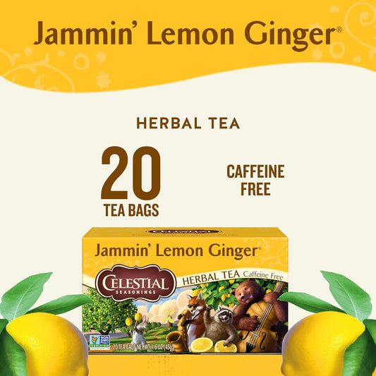 Celestial Seasonings Jammin' Lemon Ginger Herbal Tea, Caffeine Free, 20 Tea Bags Box, (Pack Of 6)