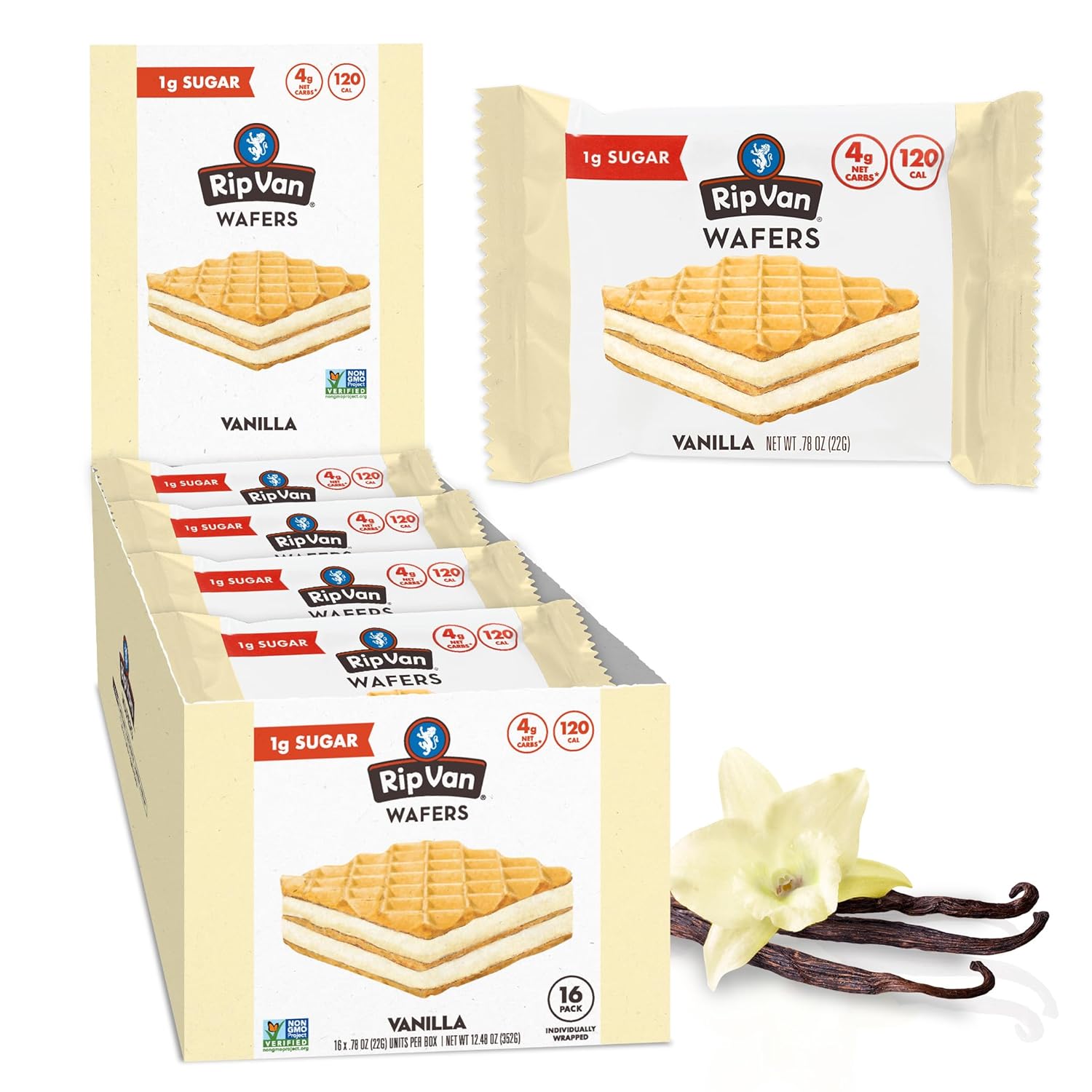 Rip Van Vanilla Keto Wafer Cookies, Healthy Vegan Snack, Non Gmo, Low Carb, Low Sugar (1G), Low Calorie, 16 Count