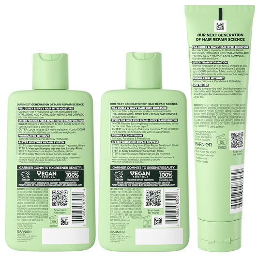Garnier Fructis Hair Filler Moisture Repair Shampoo, Conditioner + Gel-Cream Set for Curly, Wavy Hair, with Hyaluronic Acid (3 Items), 1 Kit