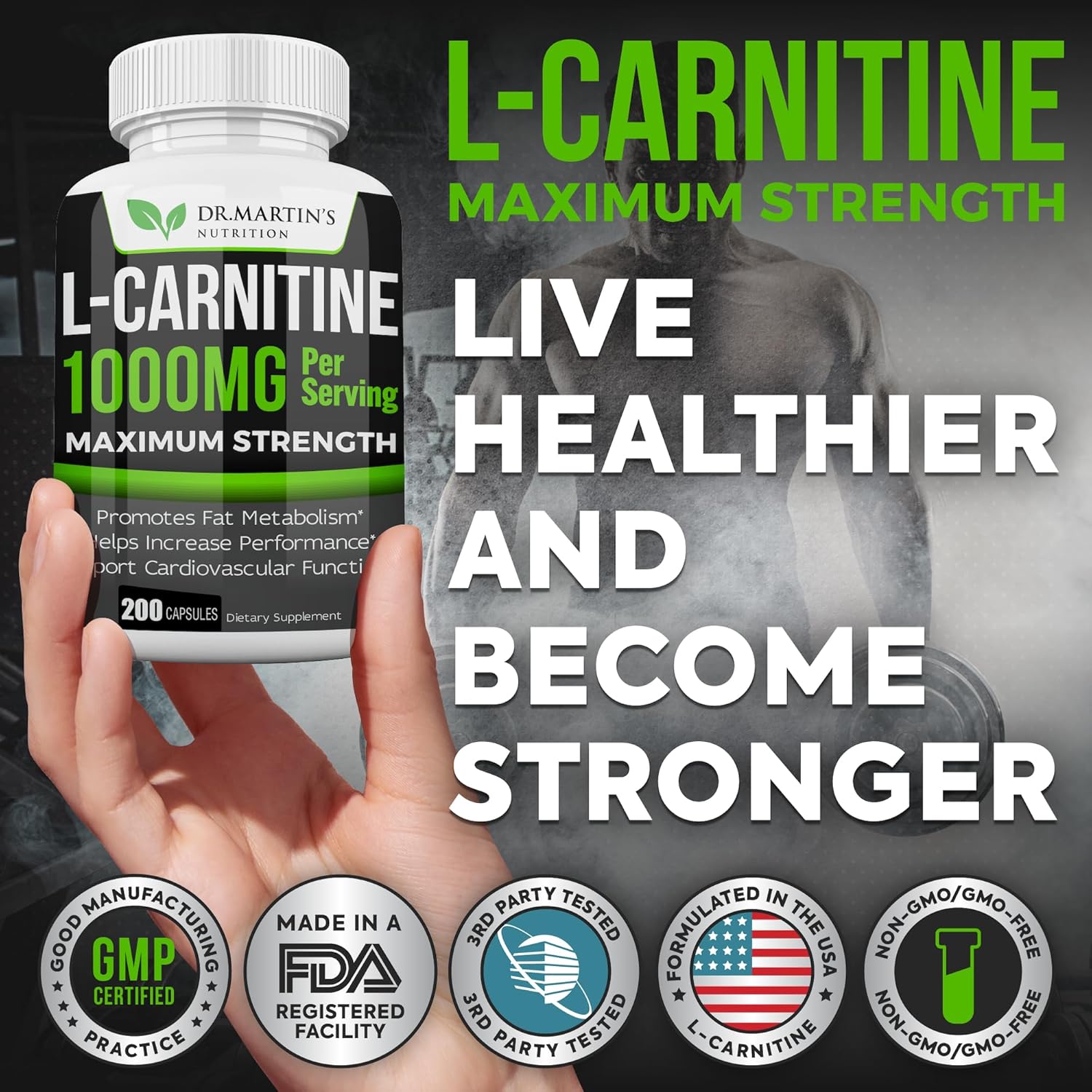 Dr. Martin'S Nutrition Extra Strength L-Carnitine - 200 Capsules - 1000Mg Per Serving - Boost Your Metabolism And Increase Performance : Health & Household