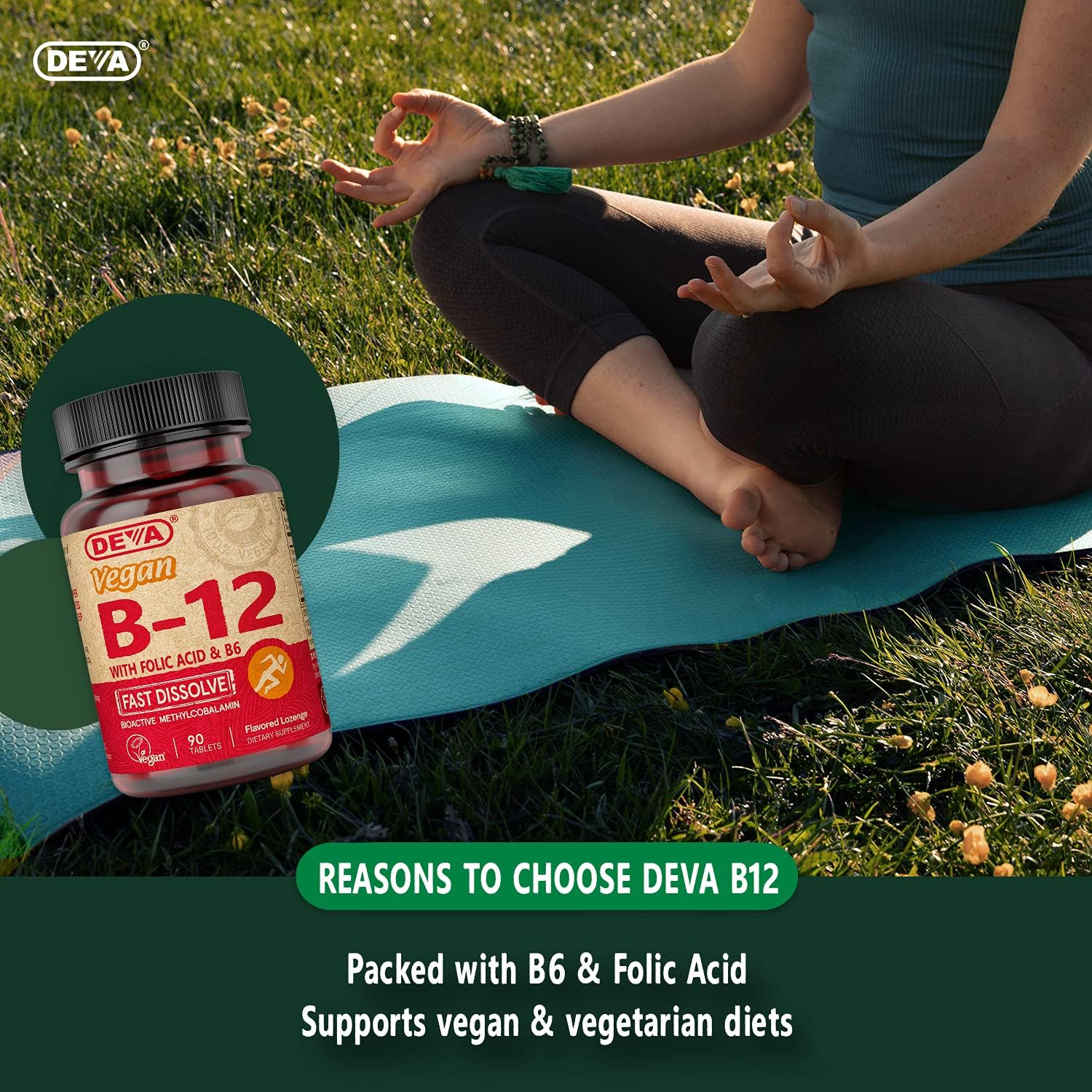 DEVA Vegan Vitamin B12 Fast Dissolve Supplement - Once-Per-Day Complex with 1000 Mcg Methylcobalamin B12, Folic Acid, B6 - Lemon Flavor - 90 Dissolvable Tablets, : Health & Household