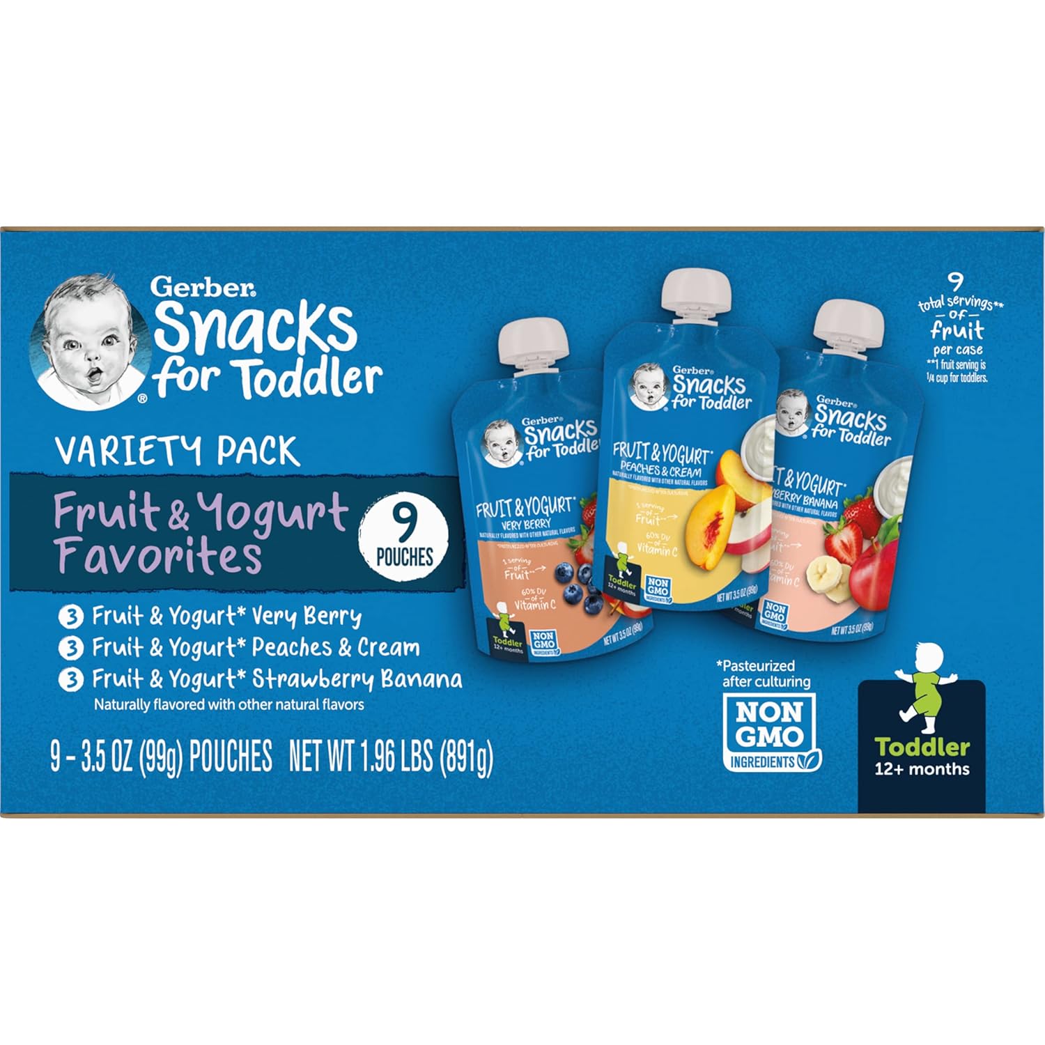 Gerber Baby Food Pouches, Very Berry (3), Peaches & Cream (2), Strawberry Banana (2), Value Pack, Fruit And Yogurt, Toddler, (3.5 Oz Each), (Pack Of 9)