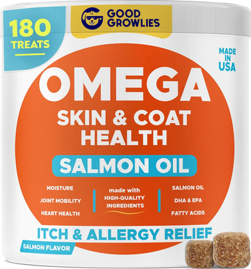 Omega 3 Alaskan Fish Oil Treats For Dogs 180 Ct - Dry & Itchy Skin Relief + Allergy Support - Shiny Coats - Epa&Dha Fatty Acids - Natural Salmon Oil Chews, Hip & Joint Support - Salmon