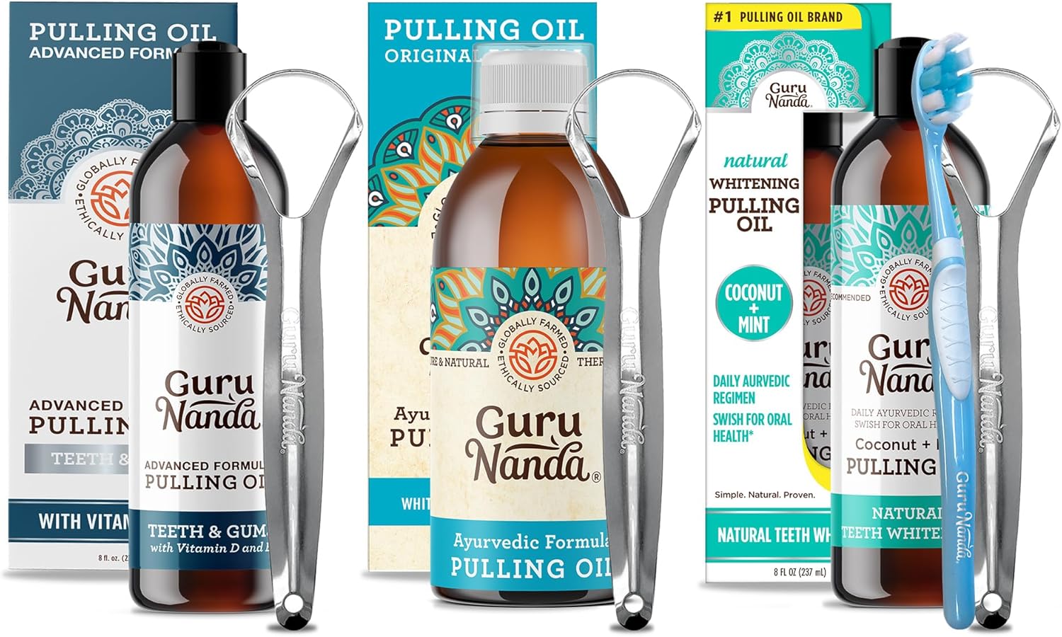 Gurunanda Oil Pulling With Coconut Oil & 7 Essential Oils (8 Fl. Oz), Original Oil Pulling (8.45 Fl.Oz) & Advanced Formula Oil Pulling (8Fl.Oz)- Ayurvedic Blend For Healthy Teeth & Gums