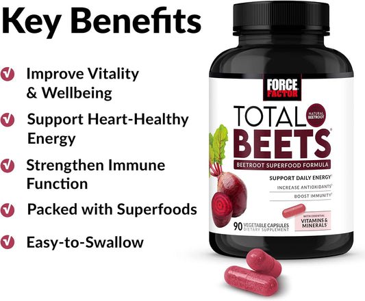 Force Factor Total Beets Beetroot Superfood Formula with Beet Root Powder, Beet Supplement with Vitamins, Minerals, and Antioxidants, Immune Support Supplement, 90 Vegetable Capsules