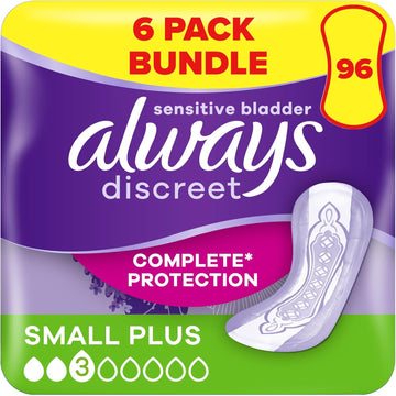 Always Discreet Incontinence Pads Women, Small Plus, Absorbency 2+, 96 Sanitary Towels (16 x 6 Packs), Complete Protection for bladder Leak, Odour Neutraliser, Packaging May Vary