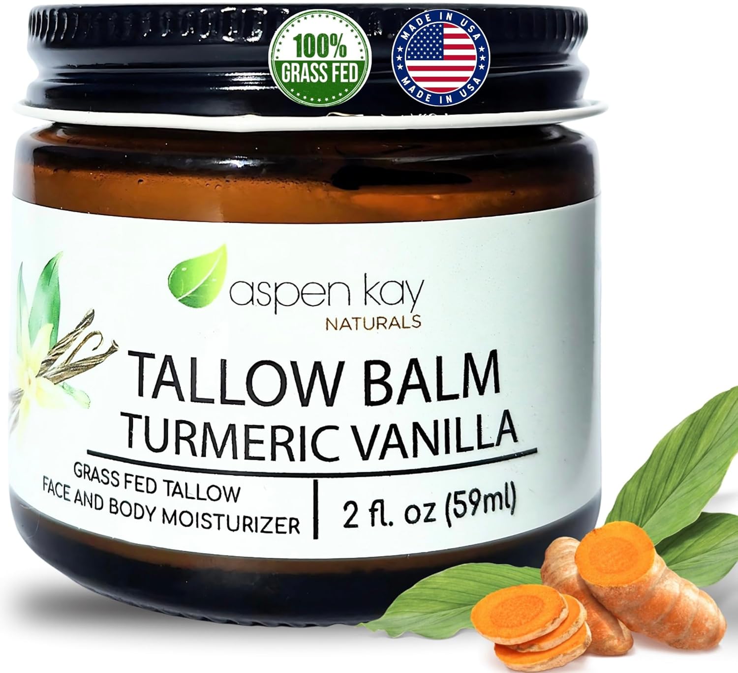 Aspen Kay Naturals Handmade 100% Grass Fed Beef Tallow Balm For Skin Care, Organic Turmeric Moisturizer + Vitamin C (Turmeric Vanilla) Organic Body Butter - 2 Fl. Oz. Made In Usa