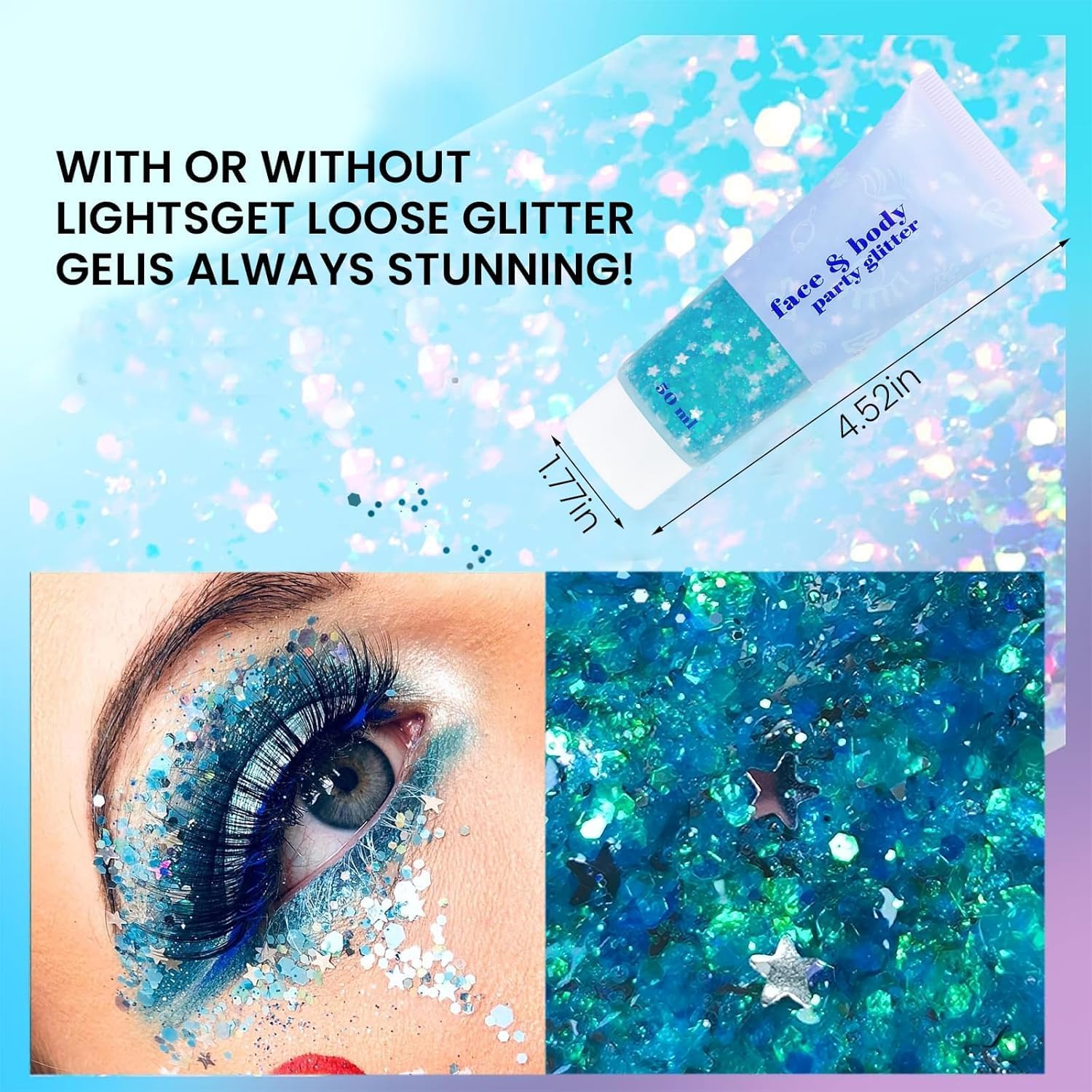 Beliky Girl Body Glitter Gel, 50ML Face Glitters Body Gel Sequins Shimmer Liquid Eyeshadow, Mermaid Sequins Liquid Holographic Glitter Gel, Chunky Glitter for Face Hair Nails (Lake Blue) : Amazon.co.uk: Beauty