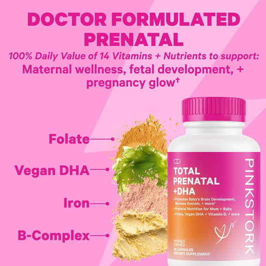 Pink Stork Pregnancy Bundle: Prenatal Vitamin With Dha & Folate, Prenatal Probiotics For Pregnant Women, Melatonin-Free Sleep Tea, Pregnancy Must Haves For Each Trimester, Set Of 3