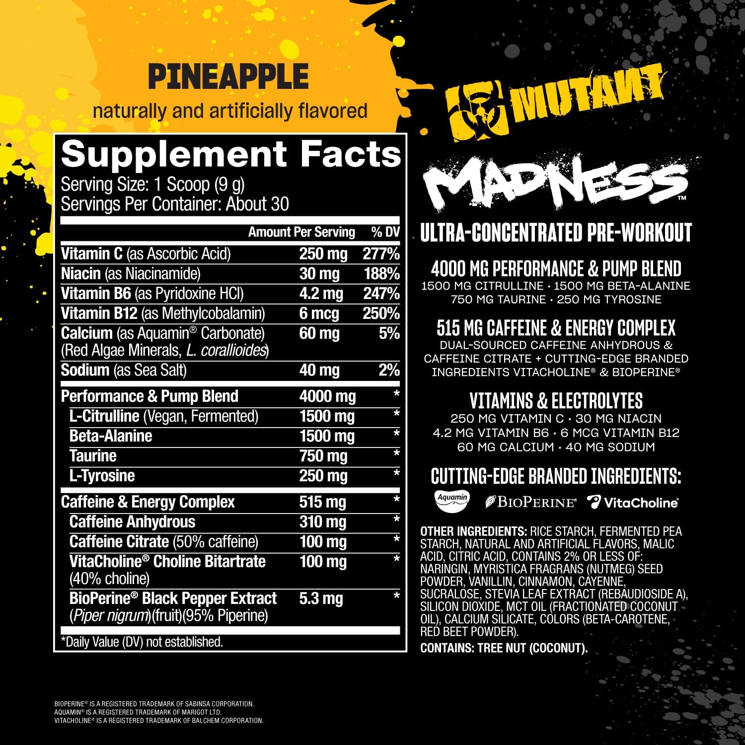 Mutant Madness | Pre Workout Powder Supplement Performance And Pump Blend Includes L-Citrulline, Beta-Alanine, Taurine, L-Tyrosine | 30 Serving | Pineapple : Health & Household