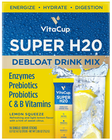 Vitacup Super H2O Bloating Relief And Digestive Health Drink Mix Packets, Probiotics, Prebiotics, C & B Vitamins, Lemon Flavor Water Enhancer Packets, 16 Ct