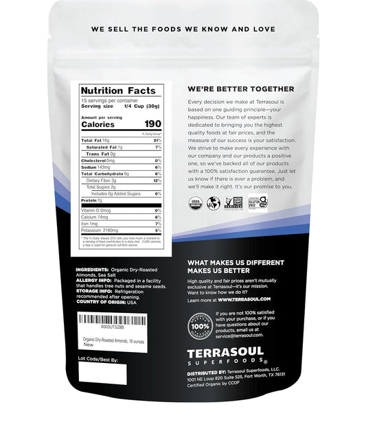 Terrasoul Superfoods Organic Dry-Roasted & Lightly Salted Almonds, 16Oz Resealable Pouch - Perfect For Snacking, Baking, And On-The-Go Fuel