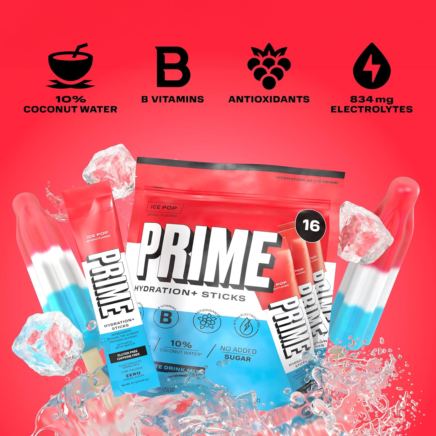 Prime Hydration+ Sticks Ice Pop | Hydration Powder Single Serve Sticks | Electrolyte Powder On The Go | Low Sugar | Caffeine-Free | Vegan | 16 Sticks