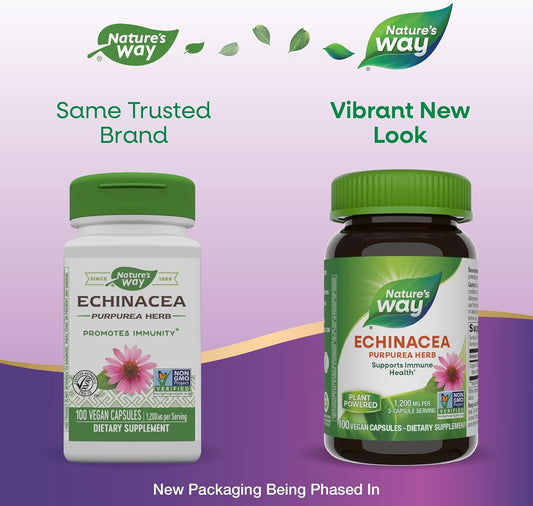Nature'S Way Echinacea Purpurea Herb, Supports Immune Health*, 1200 Mg Per 3-Capsule Serving, Non-Gmo Project Verified, Vegan, 100 Capsules (Packaging May Vary)