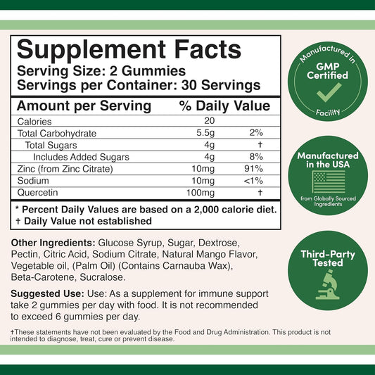 Quercetin Gummies With Zinc (100Mg Of Quercetin And 91% Daily Zinc Per Serving) 60 Mango Flavored Chewable Immune Support Gummies For Adults And Kids (Non-Gmo And Gluten Free) By Double Wood
