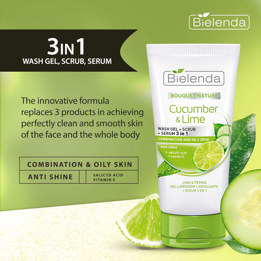 Bielenda Bouquet Nature - Replaces 3 Products In Achieving Perfectly Clean And Smooth Skin Of The Face And The Whole Body - Cucumber And Lime Gel+Scrub+Serum 3In1-150 G