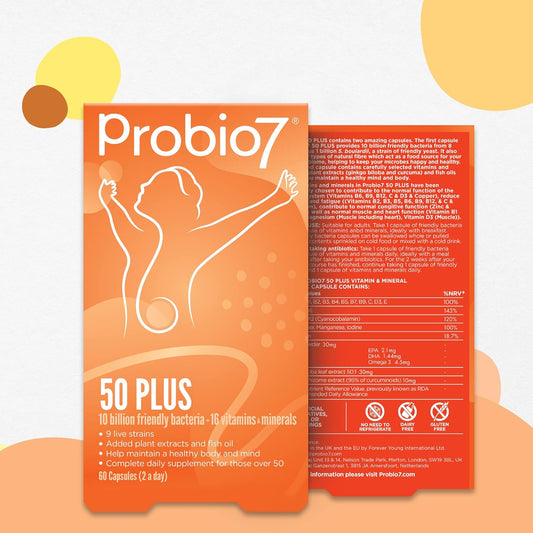 Probio7 50 Plus Probiotics For Men & Women. Multivitamin Tablets With Vitamin D, C, B12, Zinc & Ginkgo Biloba, Immune System Booster & Gut Health Support. Multivitamin Tablets For 50 Plus, 60 Capsules