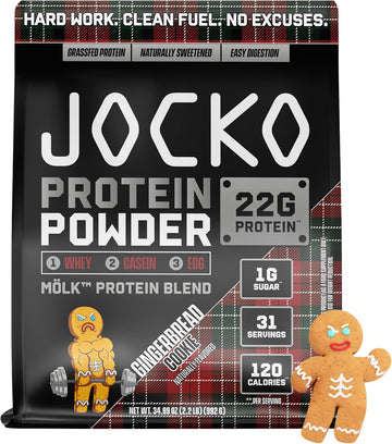 Jocko Mölk Whey Protein Powder - Keto, Probiotics, Grass Fed, Digestive Enzymes, Amino Acids, Low Sugar Monk Fruit Blend - Muscle Recovery & Growth (31 Servings (Pack Of 1), Gingerbread Cookie)