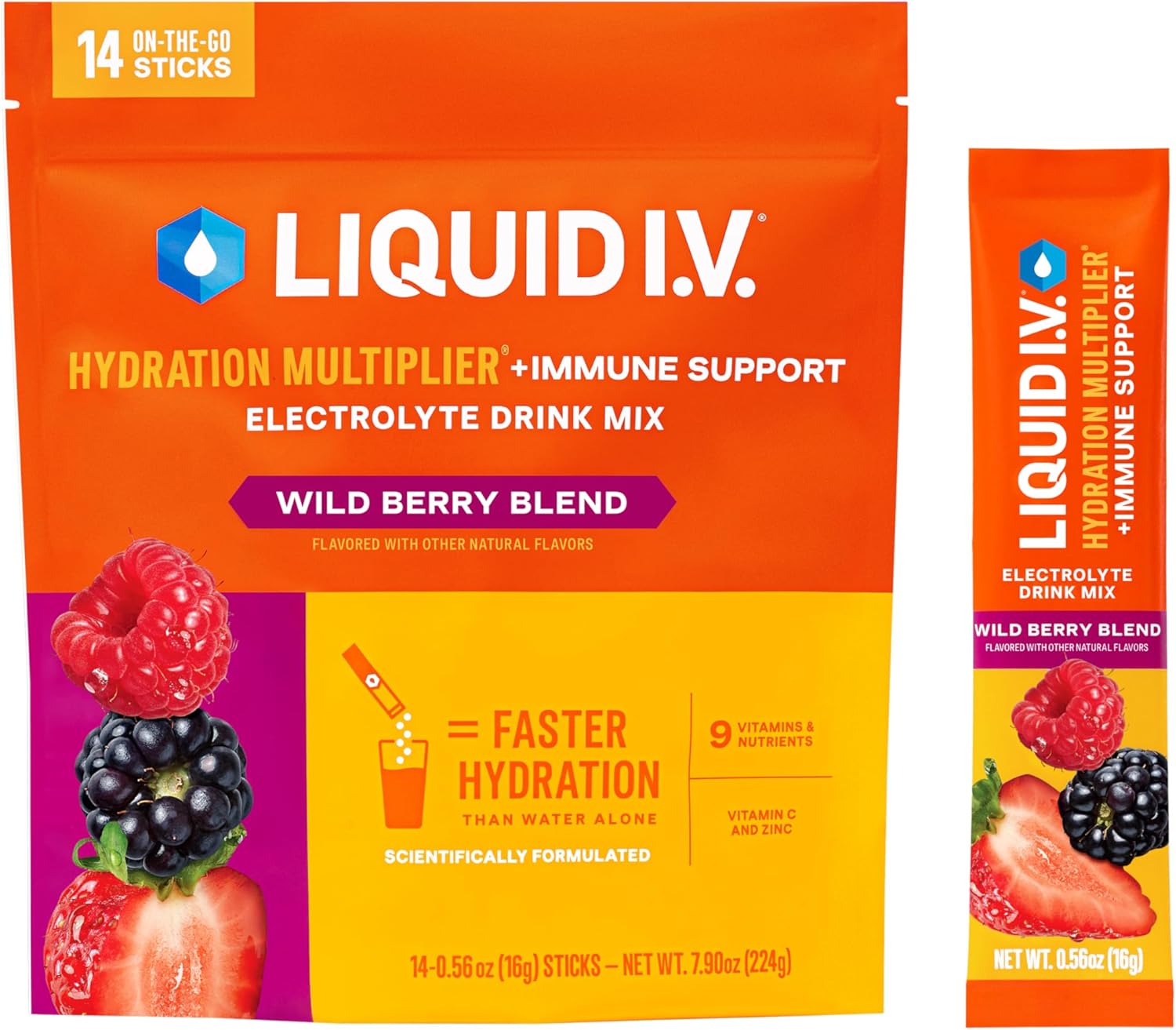 Liquid I.V.® Hydration Multiplier® +Immune Support - Wild Berry - Hydration Powder Packets | Electrolyte Powder Drink Mix | Convenient Single-Serving Sticks | Non-Gmo |14 Servings (Pack Of 1)