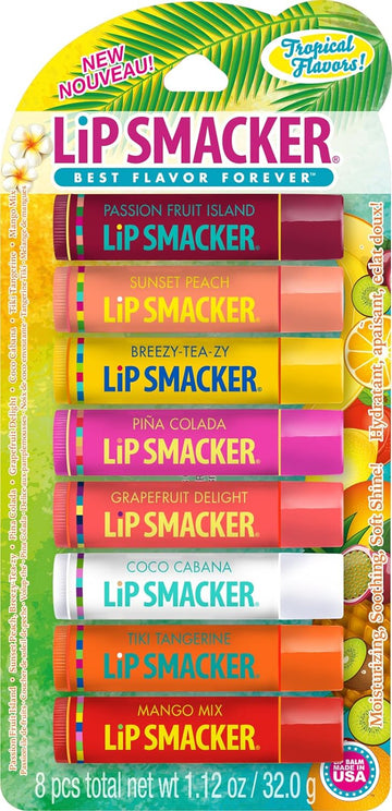 Lip Smacker Flavored Lip Balm Tropic Fever Pack of 8, Passion Fruit, Peach, Breezey-Teazey, Pina Colada, Grapefruit, Coca Cabana, Tangerine, Mango, Clear