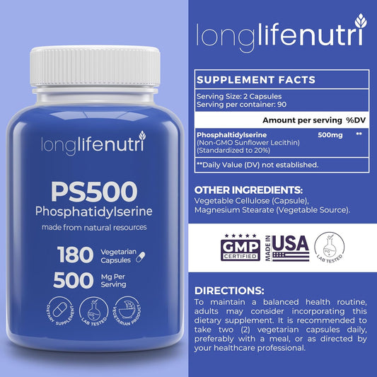 Phosphatidylserine Pure 500Mg – 180 Vegetarian Pills, 3-Month Supply, Supplement For Strengthening Memory, Focus & Cognitive Function, Made In Usa, Lab Tested, Soy Free, Non Gmo