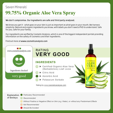 Seven Minerals Travel Size Organic Aloe Vera Spray With 100% Pure Aloe From Freshly Cut Aloe Plant, Not Powder - No Xanthan,So It Absorbs Rapidly With No Sticky Residue (2 Fl Oz)