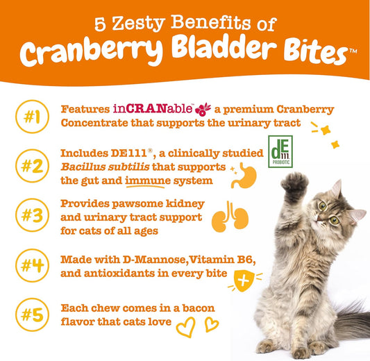 Zesty Paws Cranberry Urinary Track Bites For Cats - Kidney & Urinary Tract Health - Soft Chews With D-Mannose, Vitamin B6 & L-Arginine - Immune & Gut Support - Bacon - 60 Count