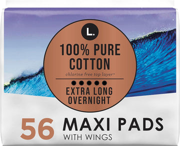 L. Pure Cotton Topsheet Pads for Women, Extra Long Overnight Pads, Maxi Pads with Wings, Unscented Menstrual Pads, 28 Count x 2 Packs (56 Count Total) (Packaging May Vary)