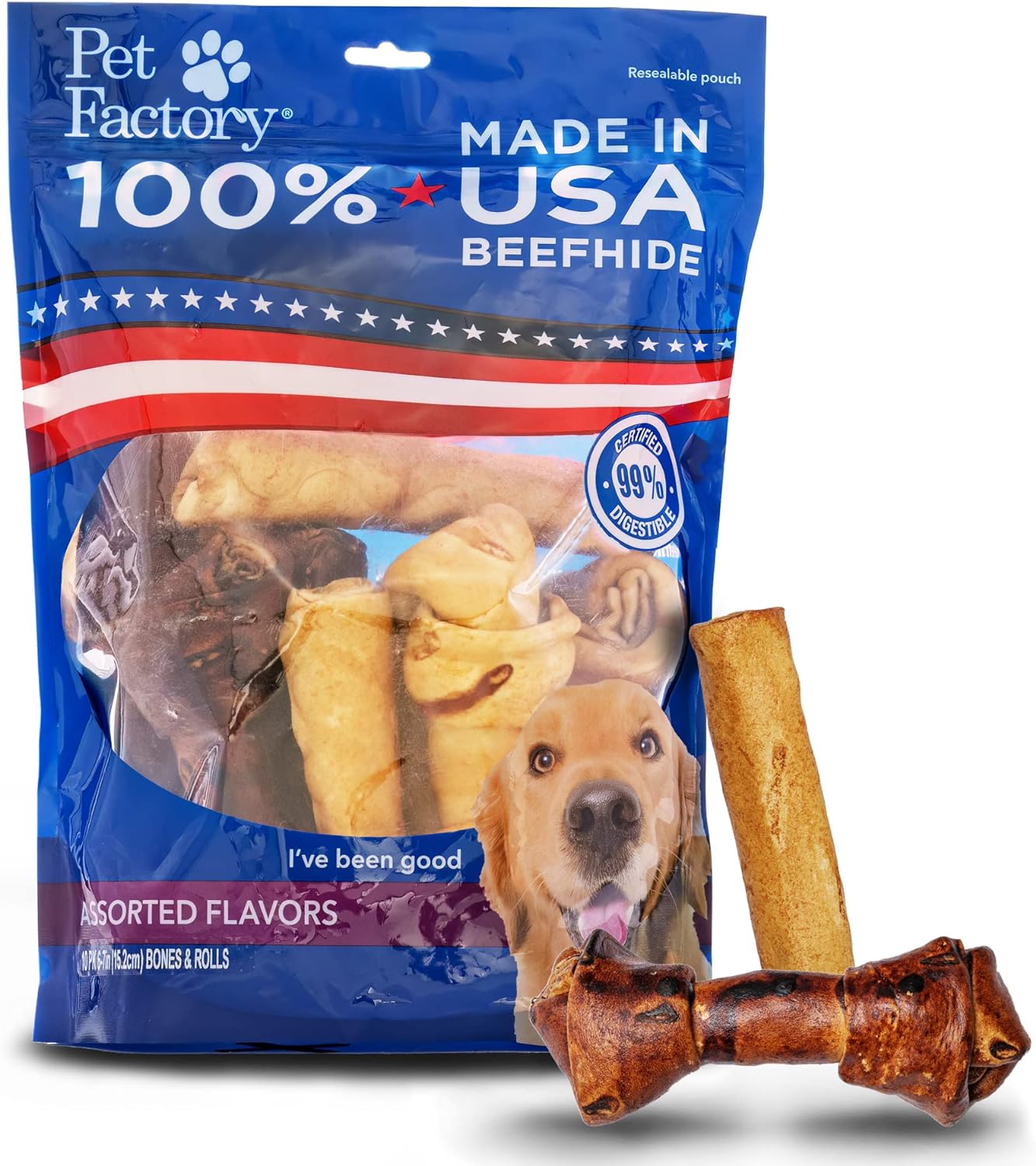 Pet Factory 100% Made in USA Beefhide 6-7" Assorted (Bones & Rolls) Dog Chew Treats - Beef & Chicken Flavor, 10 Count/1 Pack