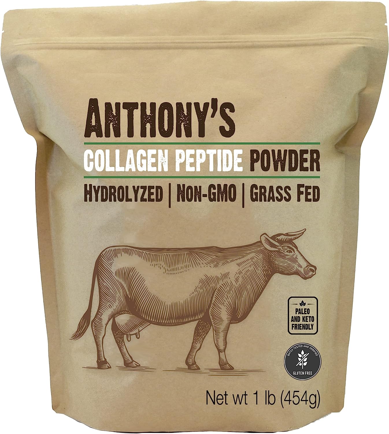 Anthony's Collagen Peptide Powder, 1 lb, Pure Hydrolyzed, Gluten Free, Keto and Paleo Friendly, Grass Fed, Unflavored, Non GMO