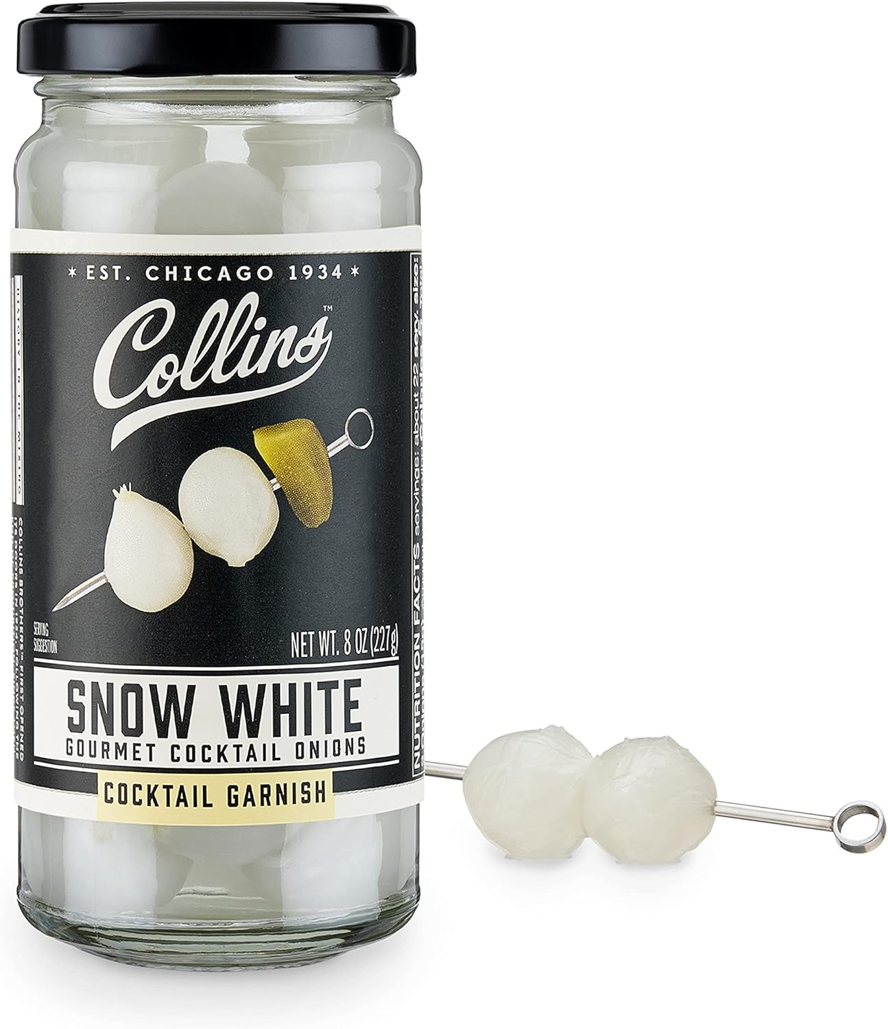 Collins Gourmet Snow White Cocktail Onion - Pickled Onion jar for Cocktails, Bloody Mary ingredients, Meat and Cheese Trays and Snacks - Pickled Onions 8oz